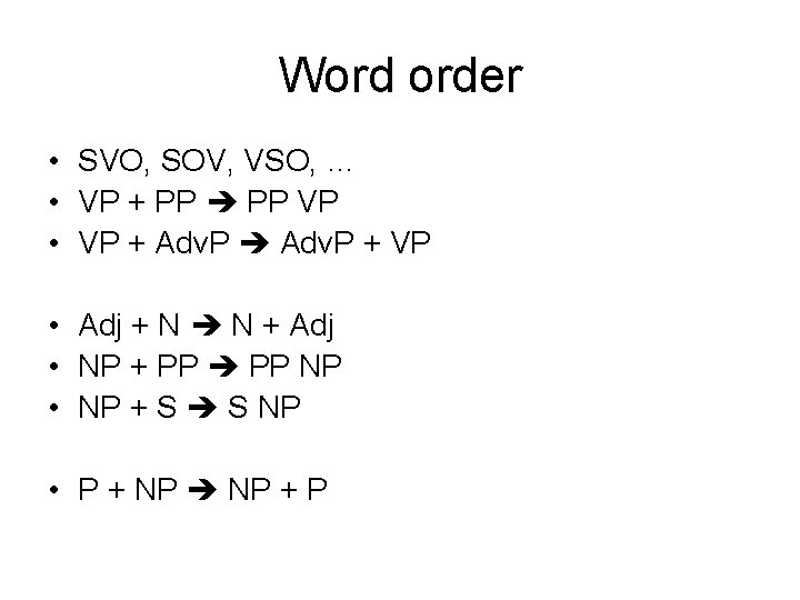 Word order • SVO, SOV, VSO, … • VP + PP VP • VP