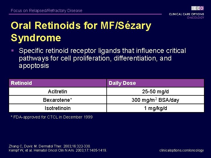Focus on Relapsed/Refractory Disease Oral Retinoids for MF/Sézary Syndrome § Specific retinoid receptor ligands