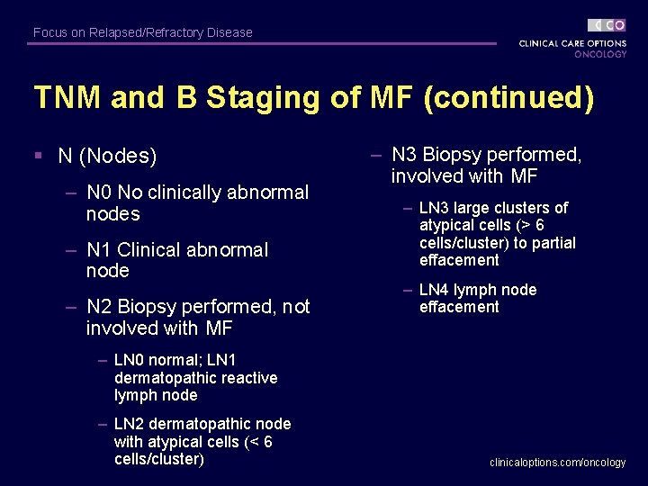 Focus on Relapsed/Refractory Disease TNM and B Staging of MF (continued) § N (Nodes)