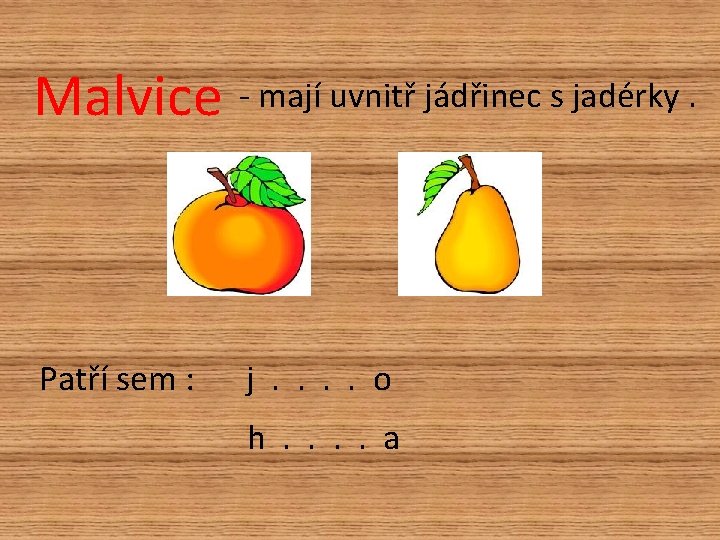 Malvice - mají uvnitř jádřinec s jadérky. Patří sem : j. . o h.