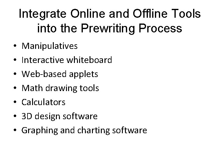Integrate Online and Offline Tools into the Prewriting Process • • Manipulatives Interactive whiteboard