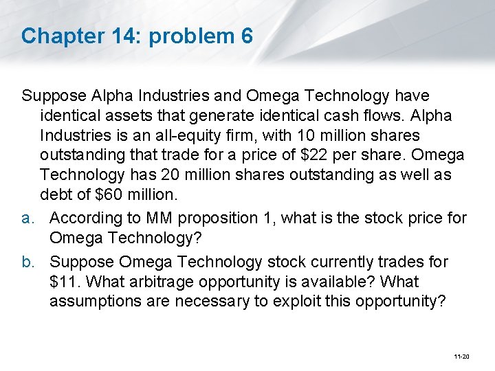 Chapter 14: problem 6 Suppose Alpha Industries and Omega Technology have identical assets that