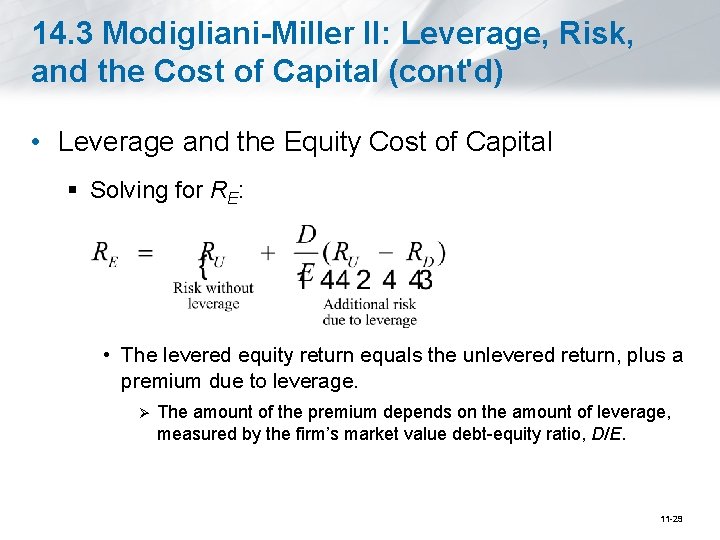 14. 3 Modigliani-Miller II: Leverage, Risk, and the Cost of Capital (cont'd) • Leverage