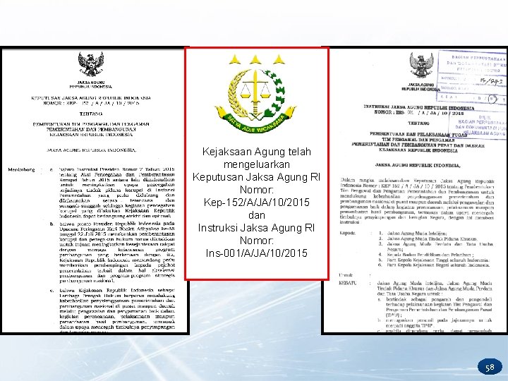 Kejaksaan Agung telah mengeluarkan Keputusan Jaksa Agung RI Nomor: Kep-152/A/JA/10/2015 dan Instruksi Jaksa Agung