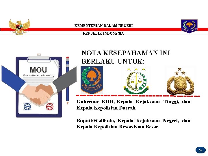 KEMENTERIAN DALAM NEGERI REPUBLIK INDONESIA NOTA KESEPAHAMAN INI BERLAKU UNTUK: Gubernur KDH, Kepala Kejaksaan