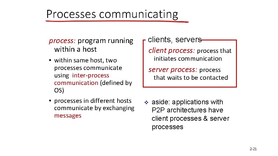 Processes communicating process: program running within a host • within same host, two processes