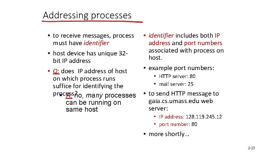 Addressing processes • to receive messages, process must have identifier • host device has