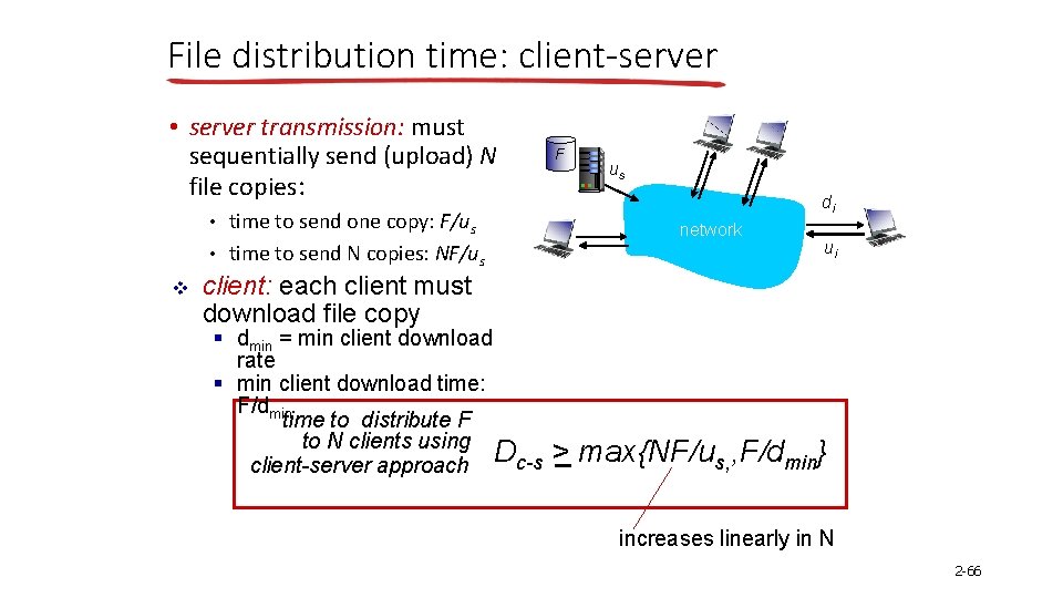 File distribution time: client-server • server transmission: must sequentially send (upload) N file copies: