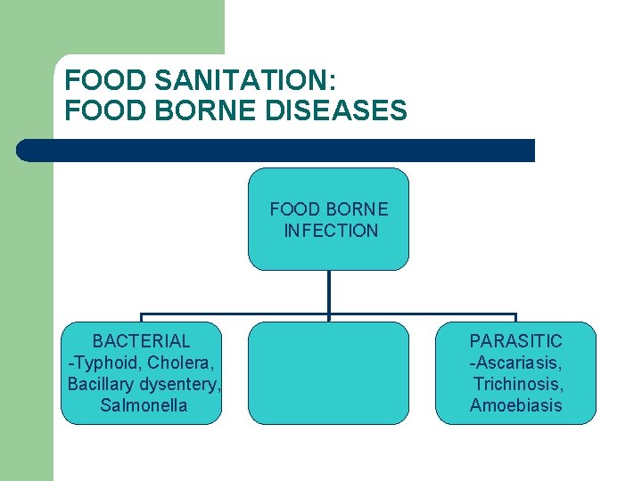 FOOD SANITATION: FOOD BORNE DISEASES FOOD BORNE INFECTION BACTERIAL -Typhoid, Cholera, Bacillary dysentery, Salmonella