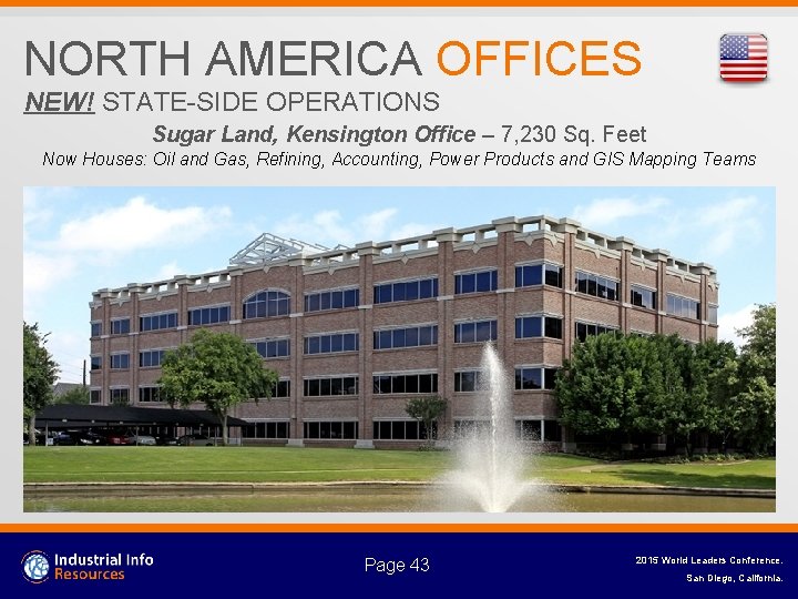 NORTH AMERICA OFFICES NEW! STATE-SIDE OPERATIONS Sugar Land, Kensington Office – 7, 230 Sq.