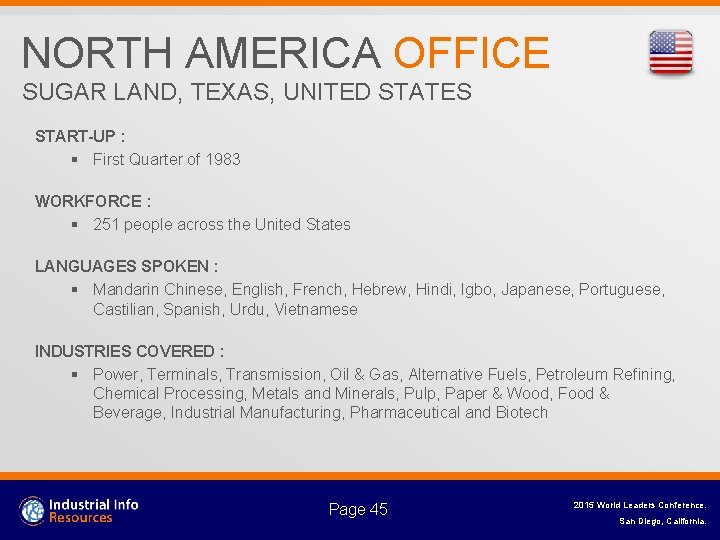 NORTH AMERICA OFFICE SUGAR LAND, TEXAS, UNITED STATES START-UP : § First Quarter of