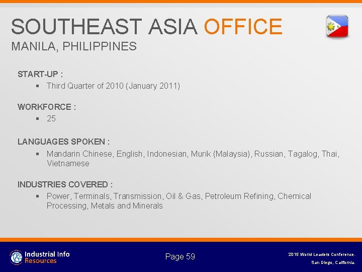 SOUTHEAST ASIA OFFICE MANILA, PHILIPPINES START-UP : § Third Quarter of 2010 (January 2011)