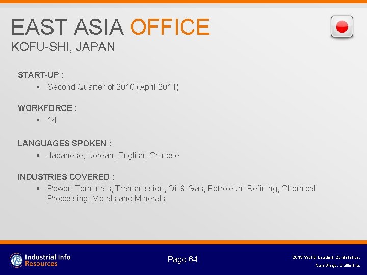 EAST ASIA OFFICE KOFU-SHI, JAPAN START-UP : § Second Quarter of 2010 (April 2011)