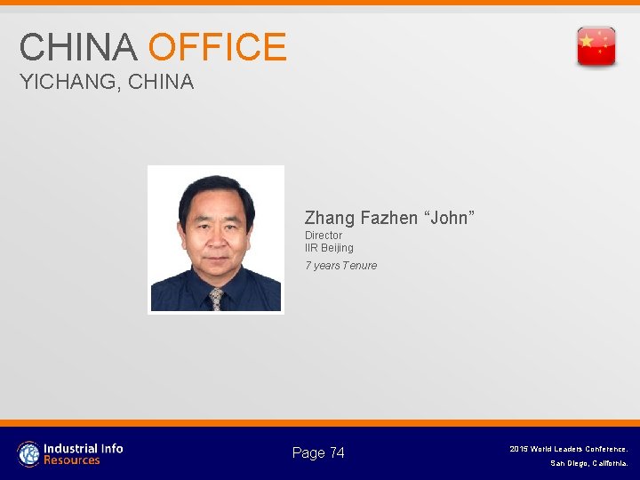 CHINA OFFICE YICHANG, CHINA Zhang Fazhen “John” Director IIR Beijing 7 years Tenure Page