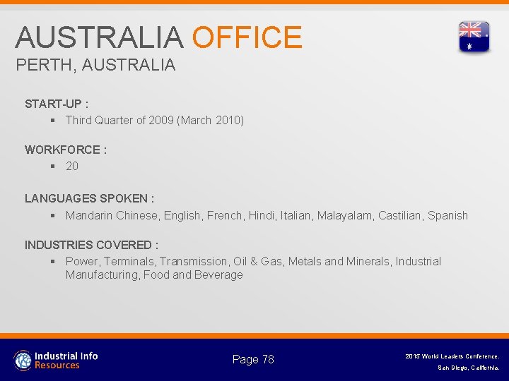 AUSTRALIA OFFICE PERTH, AUSTRALIA START-UP : § Third Quarter of 2009 (March 2010) WORKFORCE
