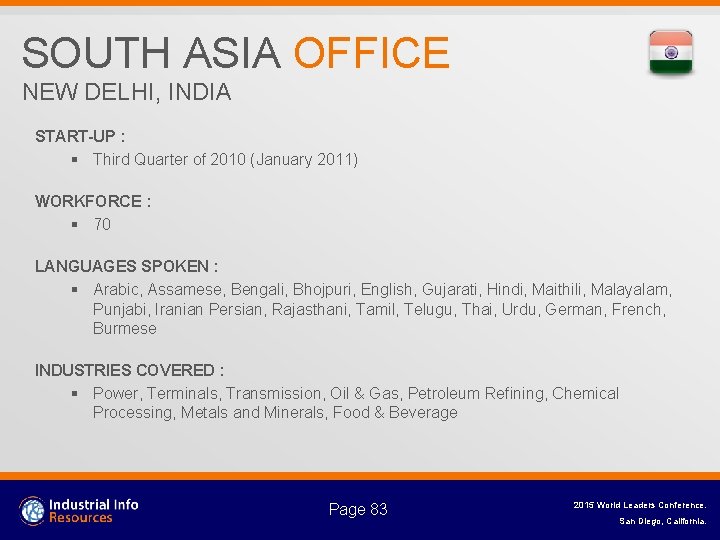 SOUTH ASIA OFFICE NEW DELHI, INDIA START-UP : § Third Quarter of 2010 (January