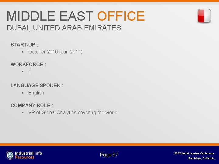 MIDDLE EAST OFFICE DUBAI, UNITED ARAB EMIRATES START-UP : § October 2010 (Jan 2011)