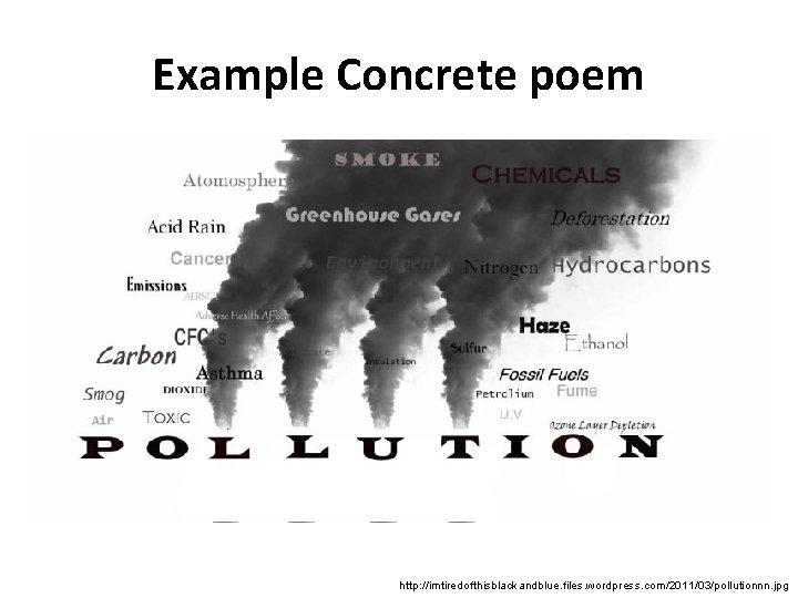 Example Concrete poem http: //imtiredofthisblackandblue. files. wordpress. com/2011/03/pollutionnn. jpg 