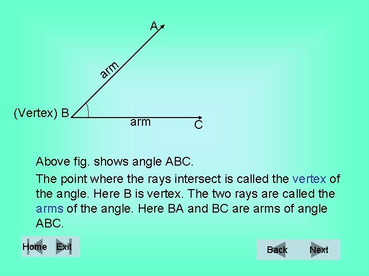 A ar (Vertex) B m arm C Above fig. shows angle ABC. The point
