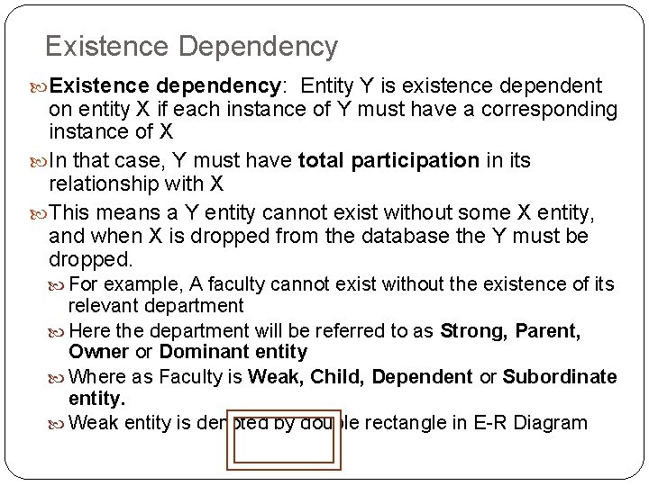 Existence Dependency Existence dependency: Entity Y is existence dependent on entity X if each