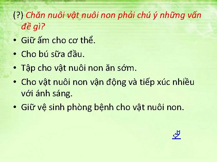 (? ) Chăn nuôi vật nuôi non phải chú ý những vấn đề gì?