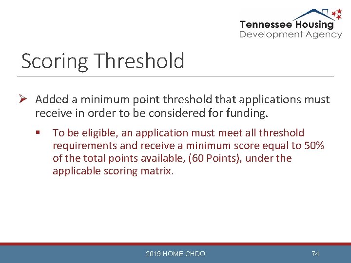 Scoring Threshold Ø Added a minimum point threshold that applications must receive in order