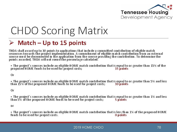 CHDO Scoring Matrix Ø Match – Up to 15 points THDA shall award up