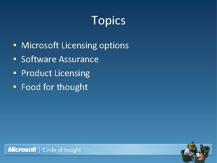 Topics • • Microsoft Licensing options Software Assurance Product Licensing Food for thought 