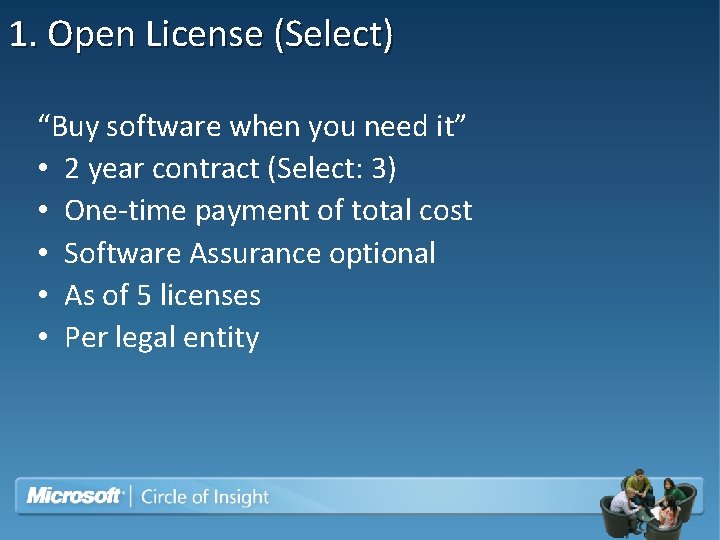 1. Open License (Select) “Buy software when you need it” • 2 year contract