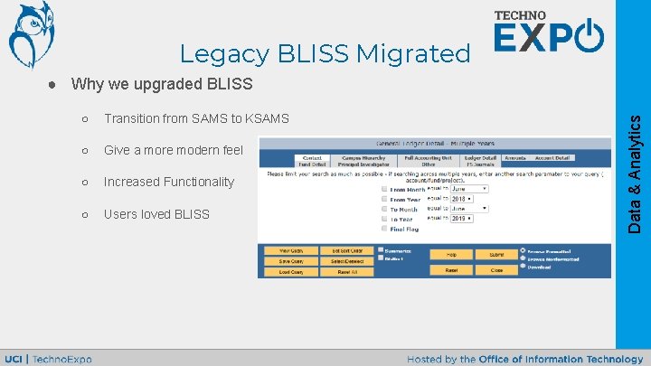 Legacy BLISS Migrated ○ Transition from SAMS to KSAMS ○ Give a more modern
