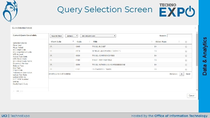 Data & Analytics Query Selection Screen 