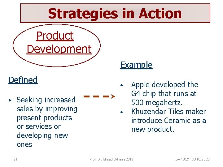 Strategies in Action Product Development Example Defined • Seeking increased sales by improving present