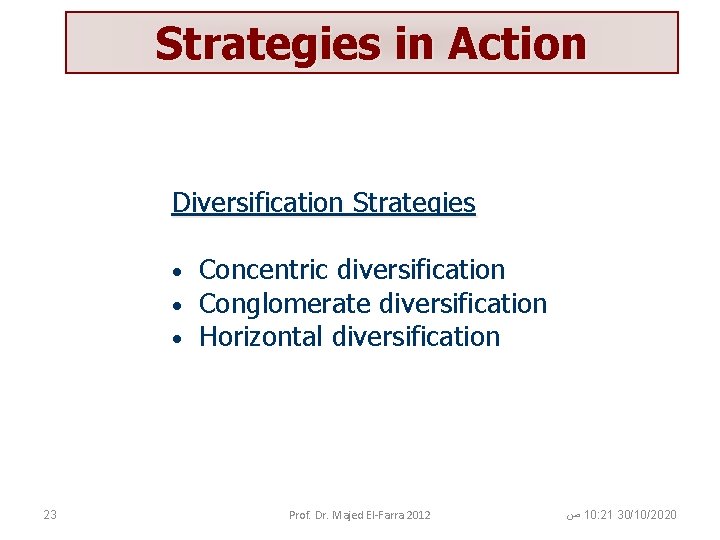 Strategies in Action Diversification Strategies • • • 23 Concentric diversification Conglomerate diversification Horizontal