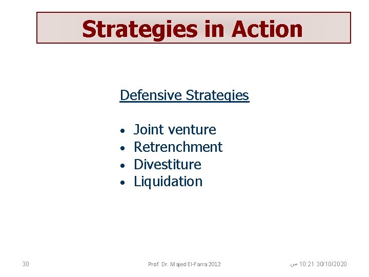 Strategies in Action Defensive Strategies • • 30 Joint venture Retrenchment Divestiture Liquidation Prof.