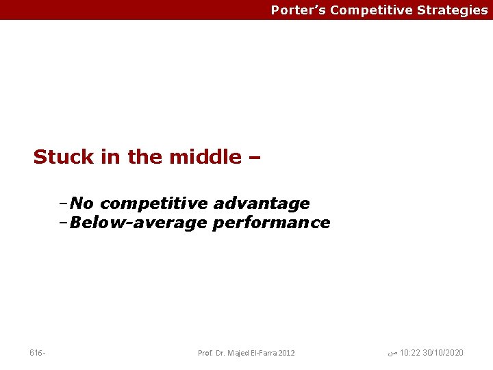 Porter’s Competitive Strategies Stuck in the middle – –No competitive advantage –Below-average performance 616