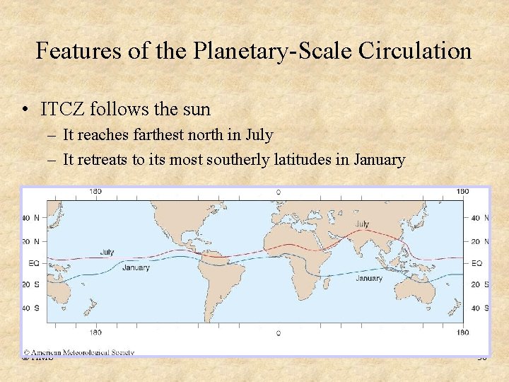 Features of the Planetary-Scale Circulation • ITCZ follows the sun – It reaches farthest