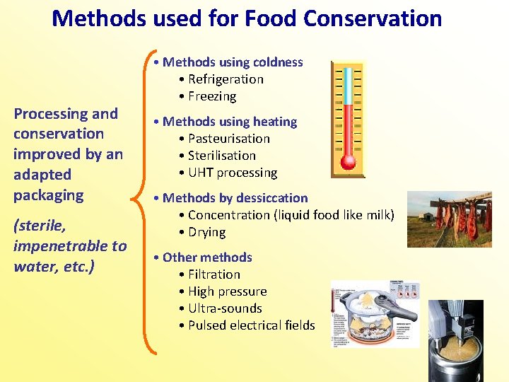 Methods used for Food Conservation Processing and conservation improved by an adapted packaging (sterile,