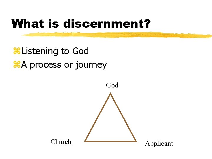 What is discernment? z. Listening to God z. A process or journey God Church
