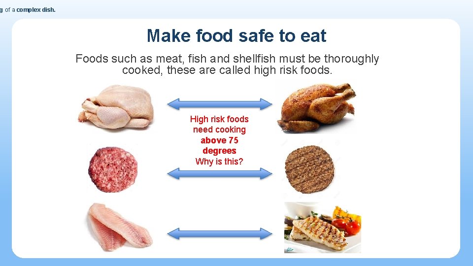g of a complex dish. Make food safe to eat Foods such as meat,