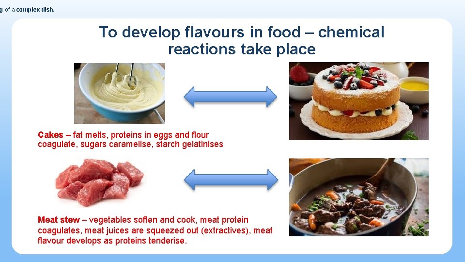 g of a complex dish. To develop flavours in food – chemical reactions take