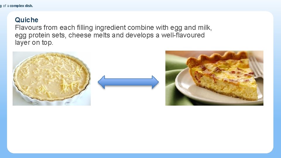 g of a complex dish. Quiche Flavours from each filling ingredient combine with egg