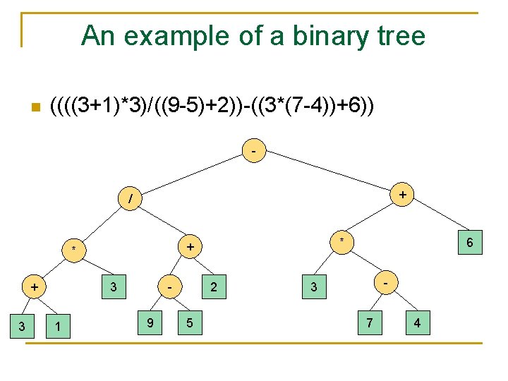 An example of a binary tree n ((((3+1)*3)/((9 -5)+2))-((3*(7 -4))+6)) + / + 3