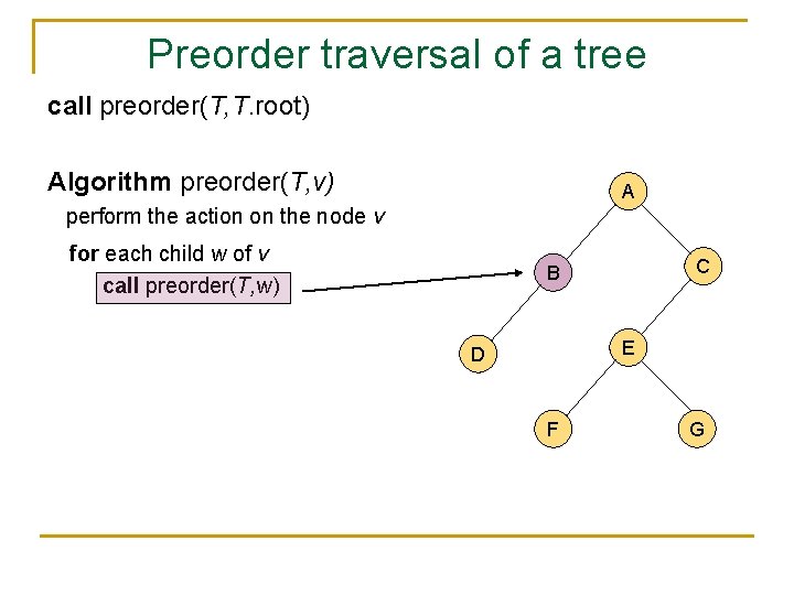 Preorder traversal of a tree call preorder(T, T. root) Algorithm preorder(T, v) A perform