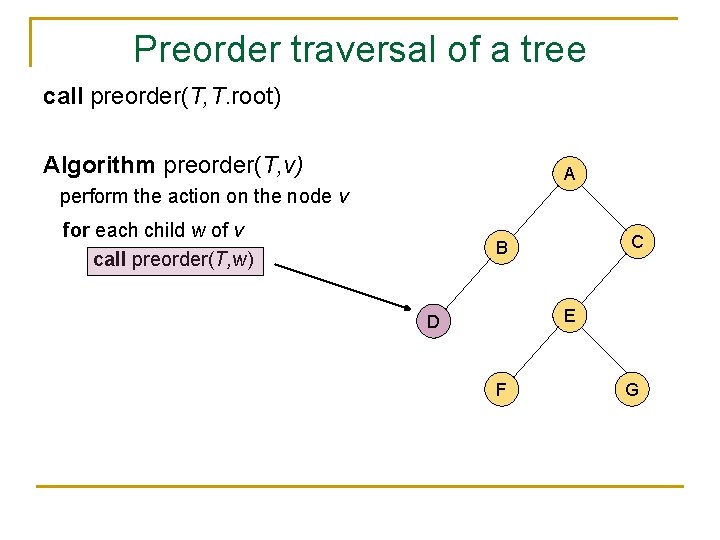 Preorder traversal of a tree call preorder(T, T. root) Algorithm preorder(T, v) A perform