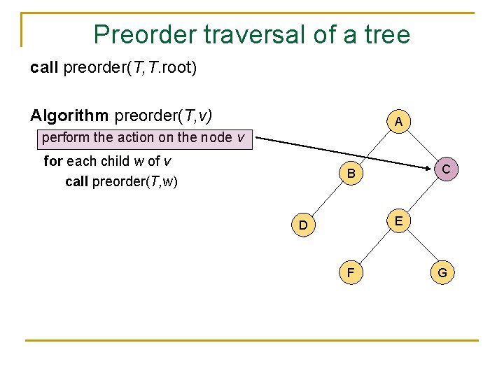 Preorder traversal of a tree call preorder(T, T. root) Algorithm preorder(T, v) A perform