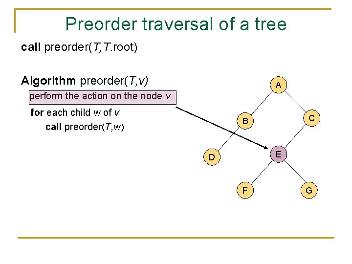 Preorder traversal of a tree call preorder(T, T. root) Algorithm preorder(T, v) A perform