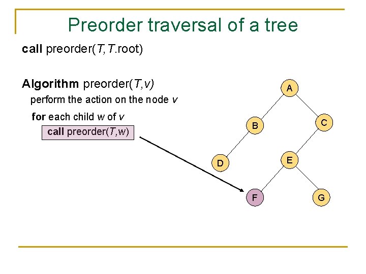 Preorder traversal of a tree call preorder(T, T. root) Algorithm preorder(T, v) A perform