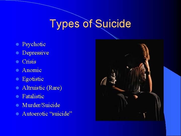 Types of Suicide l l l l l Psychotic Depressive Crisis Anomic Egotistic Altruistic