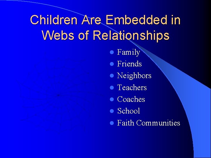 Children Are Embedded in Webs of Relationships l l l l Family Friends Neighbors