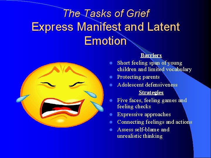 The Tasks of Grief Express Manifest and Latent Emotion l l l l Barriers